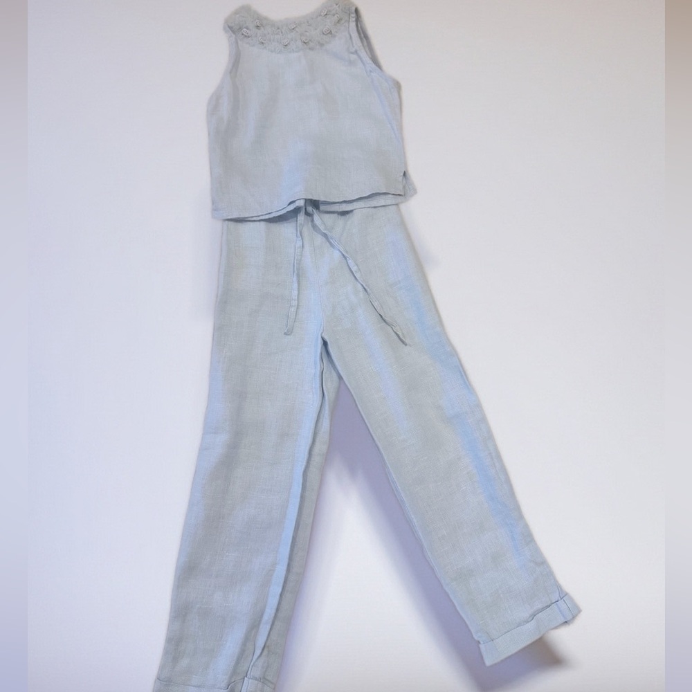 Kids Light Blue Linen Matching Set - Wide Leg Pants & Tank